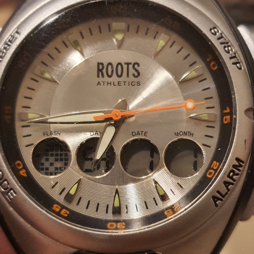 Vtg Roots Evidence Silver/Black Ani-Digital Alarm Chrono Men's Watch Head